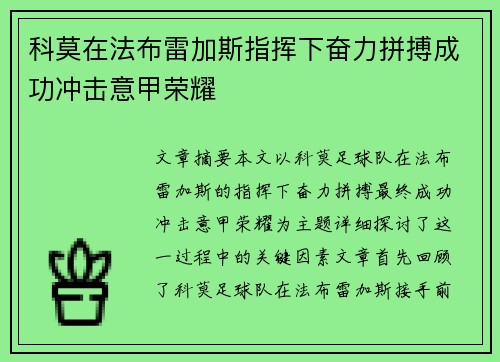 科莫在法布雷加斯指挥下奋力拼搏成功冲击意甲荣耀